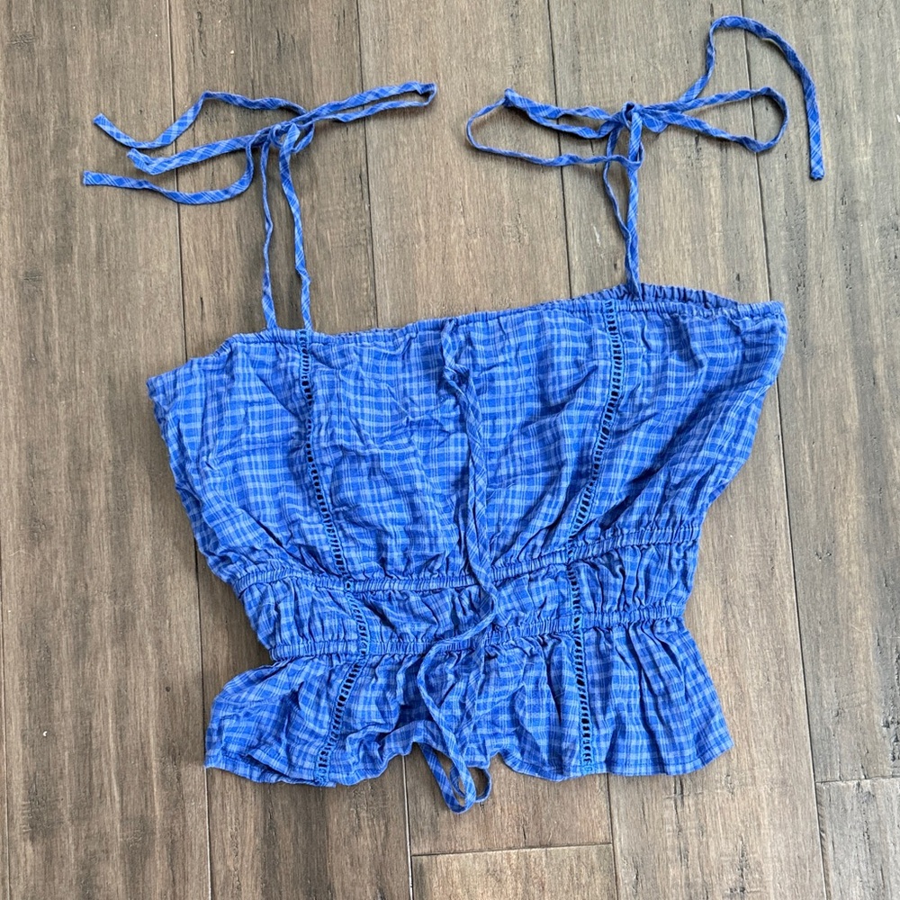 Blue Plaid Tie-Strap Smocked Waist Crop Top